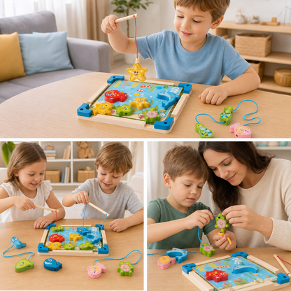 משחק דגים מגנטיים מעץ – 12 דגים ו-2 חכות | לוח דיג לפעוטות - מודינו