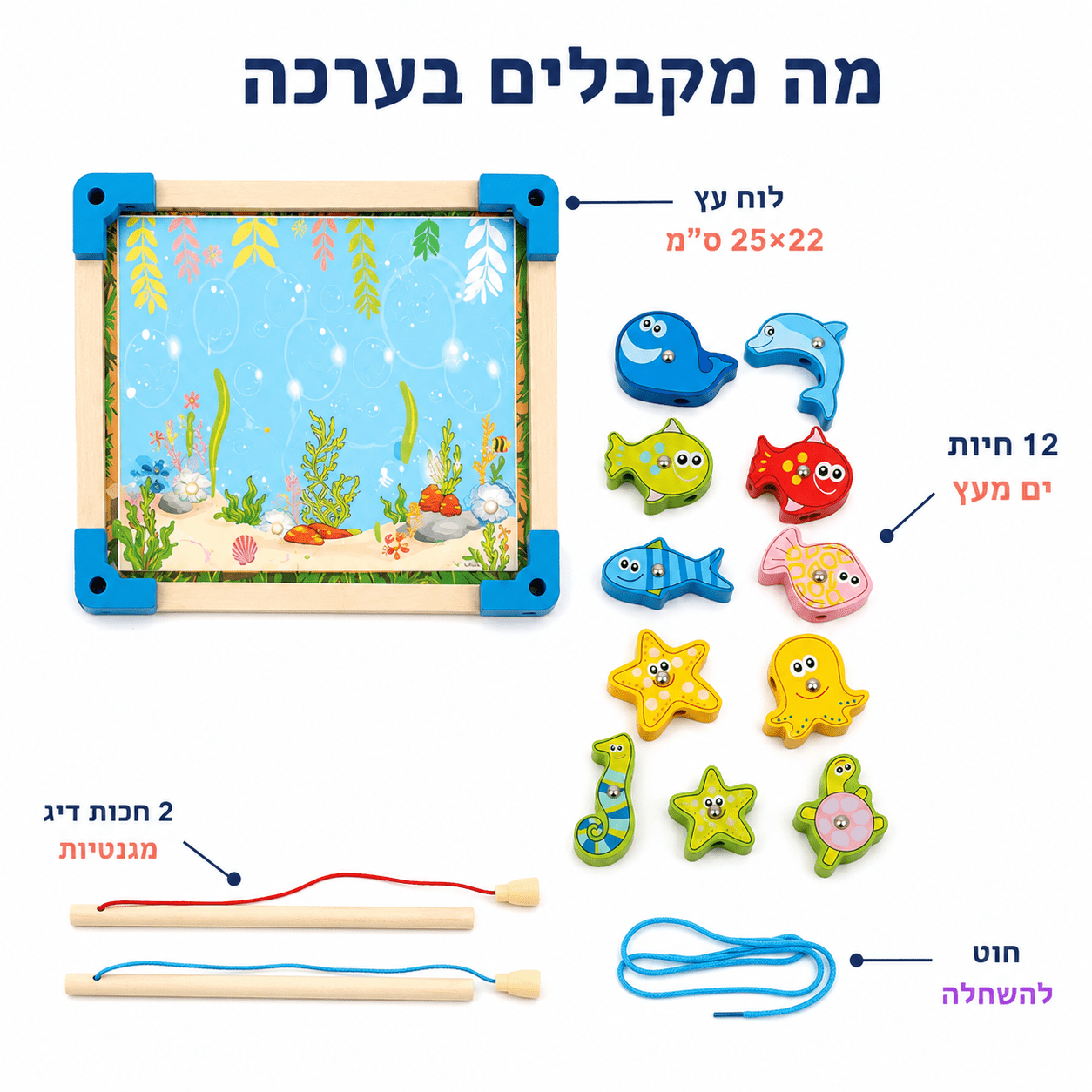 משחק דגים מגנטיים מעץ – 12 דגים ו-2 חכות | לוח דיג לפעוטות - מודינו
