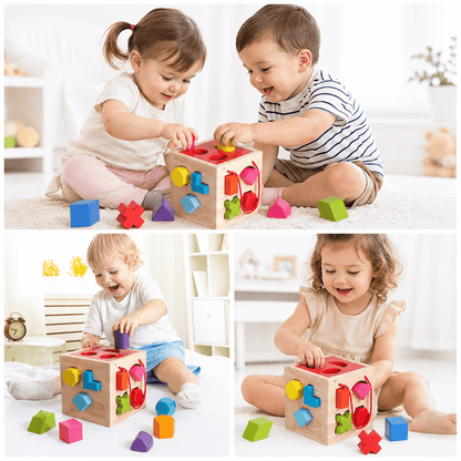 קוביית מיון צורות מעץ לפעוטות – 17 חלקים צבעוניים - מודינו