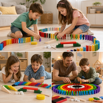 דומינו ראלי מעץ 200 חלקים – משחק בנייה והפלה בשרשרת - מודינו