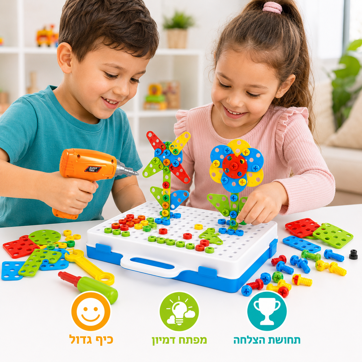 משחק מברגה חשמלית לילדים 237 חלקים – מוזאיקה יצירתית 4 ב-1 - מודינו