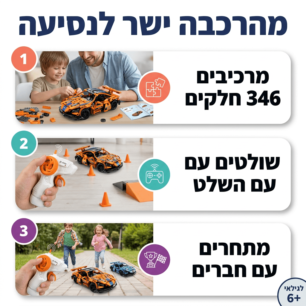 מכונית מרוץ כתומה להרכבה עם שלט רחוק | 346 חלקים - מודינו