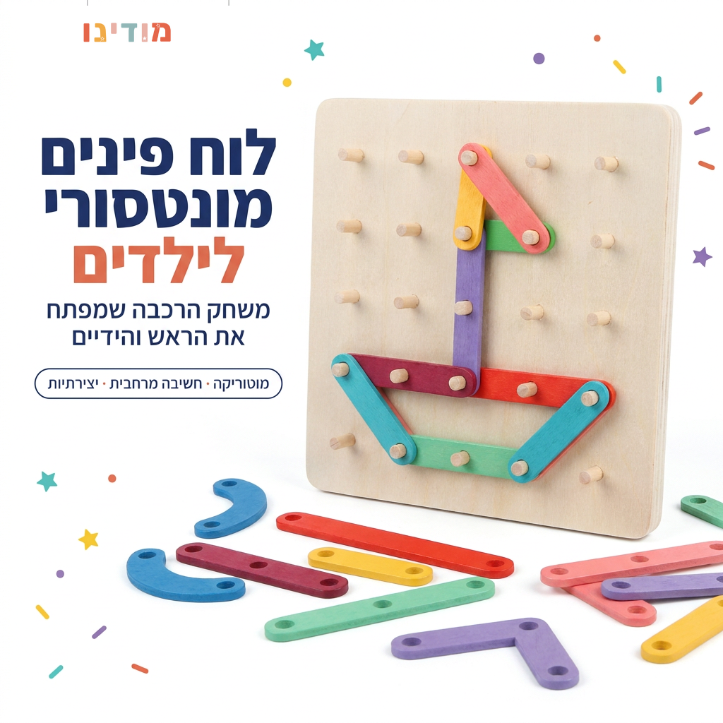 לוח פינים מונטסורי לילדים עם חלקים צבעוניים מעץ - מודינו