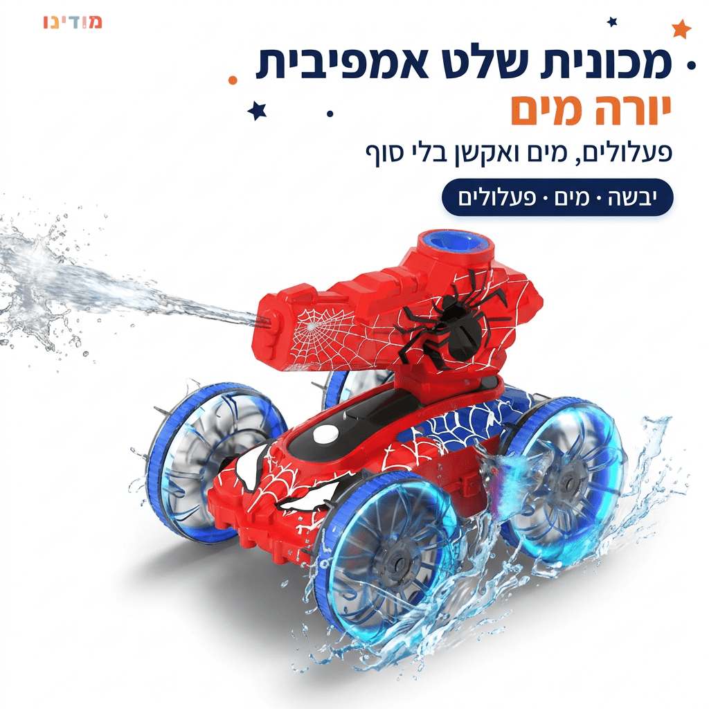 מכונית שלט אמפיבית ספיידר יורה מים לילדים - מודינו